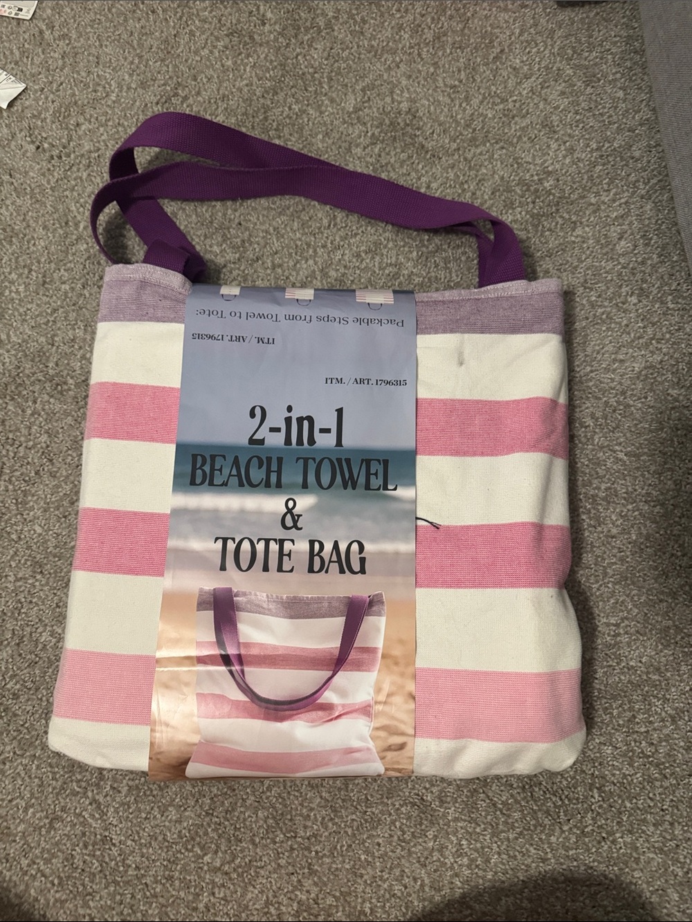 2-in-1 Pink & White Striped Tote Bag with Purple, pink and white colors & handle